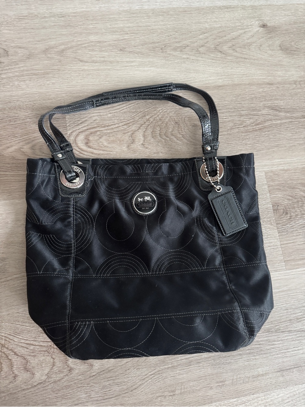Coach Black Circle-Stitch Tote with Leather Trim